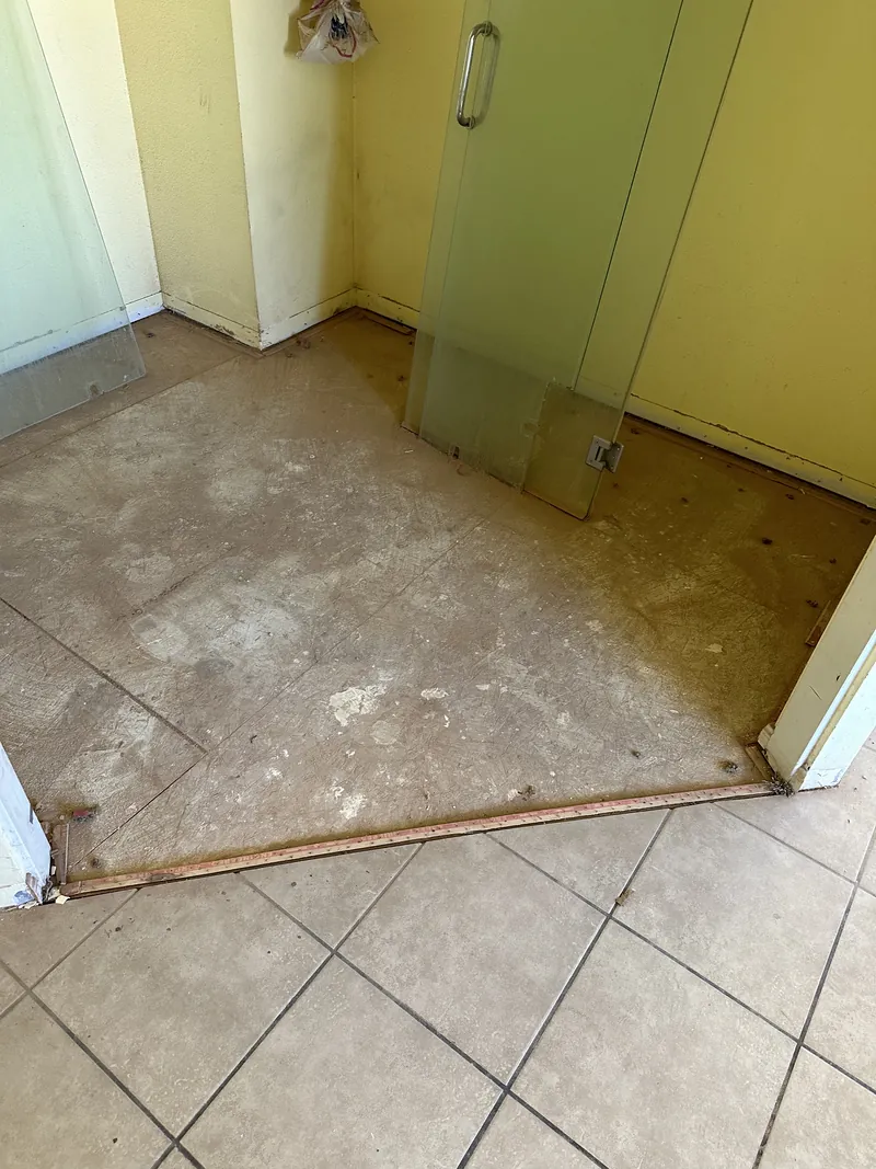 Bathroom demolition with the old floor tile removed down to the subfloor and the old glass shower door taken off
